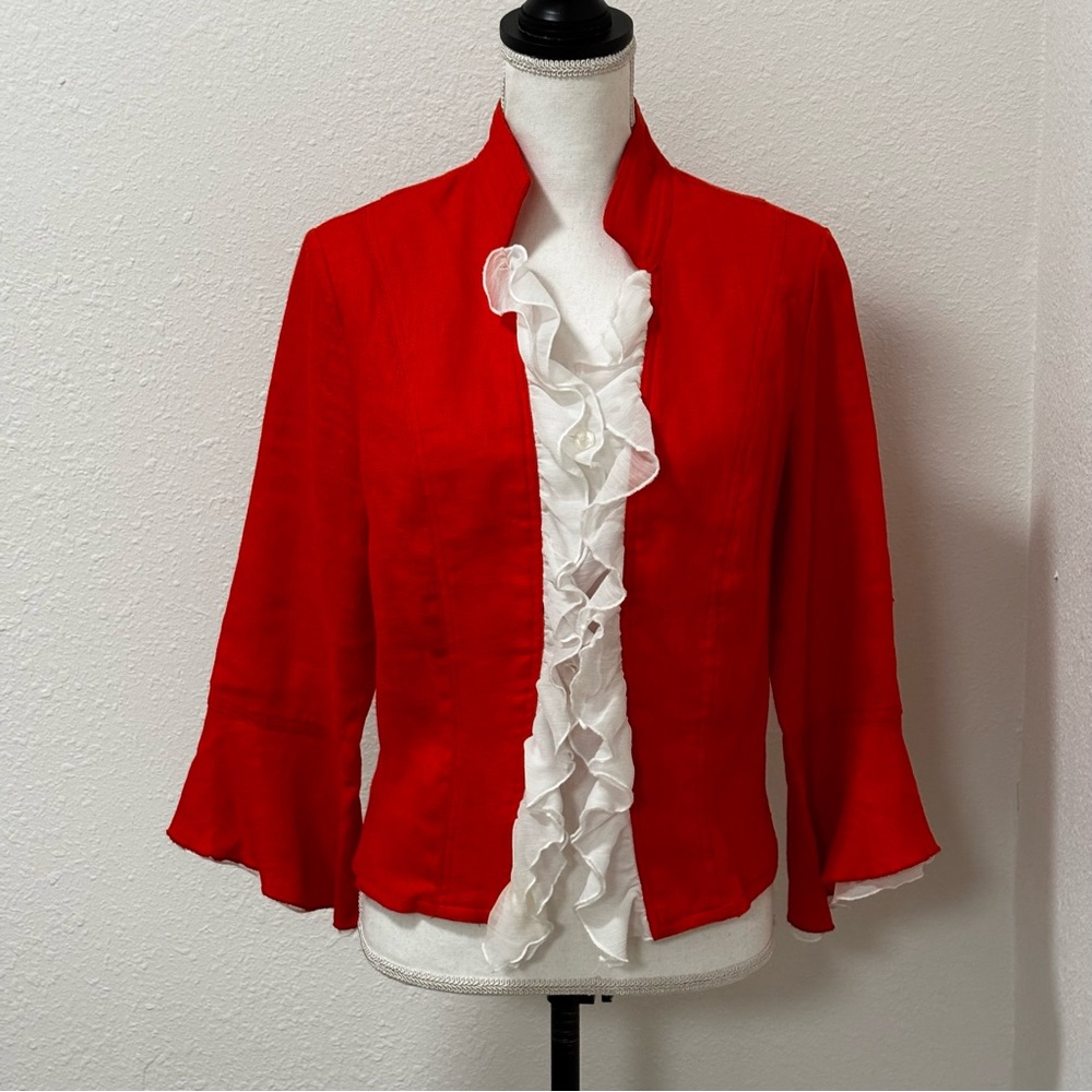 Insight New York  Red 💯 Linen Layered Bell Sleeves And Ruffle Trim Blazer Size 8